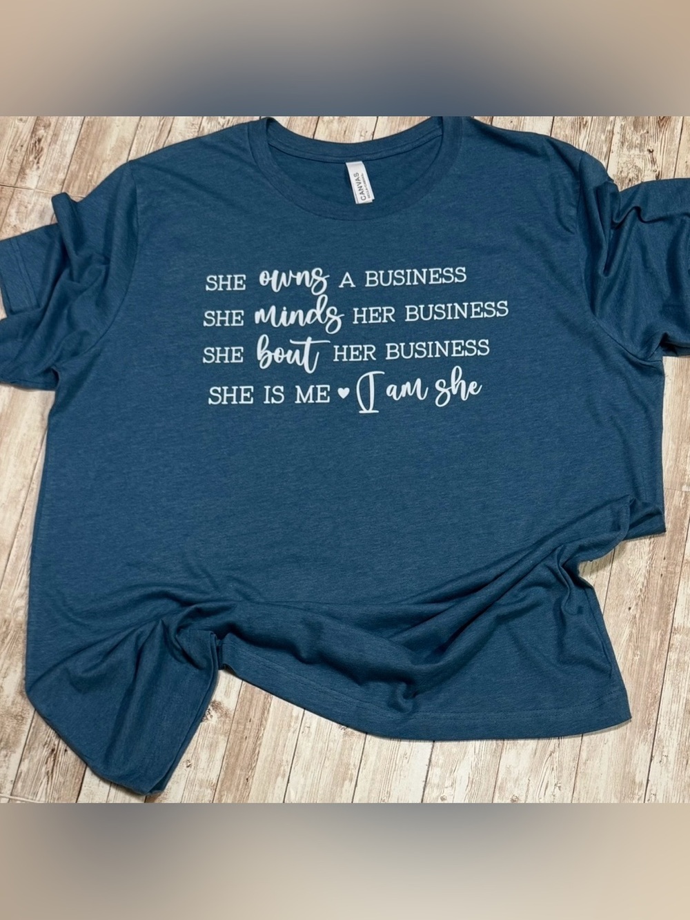 Teal Blue Graphic Shirt with White ‘I Am She’ Design Size XL